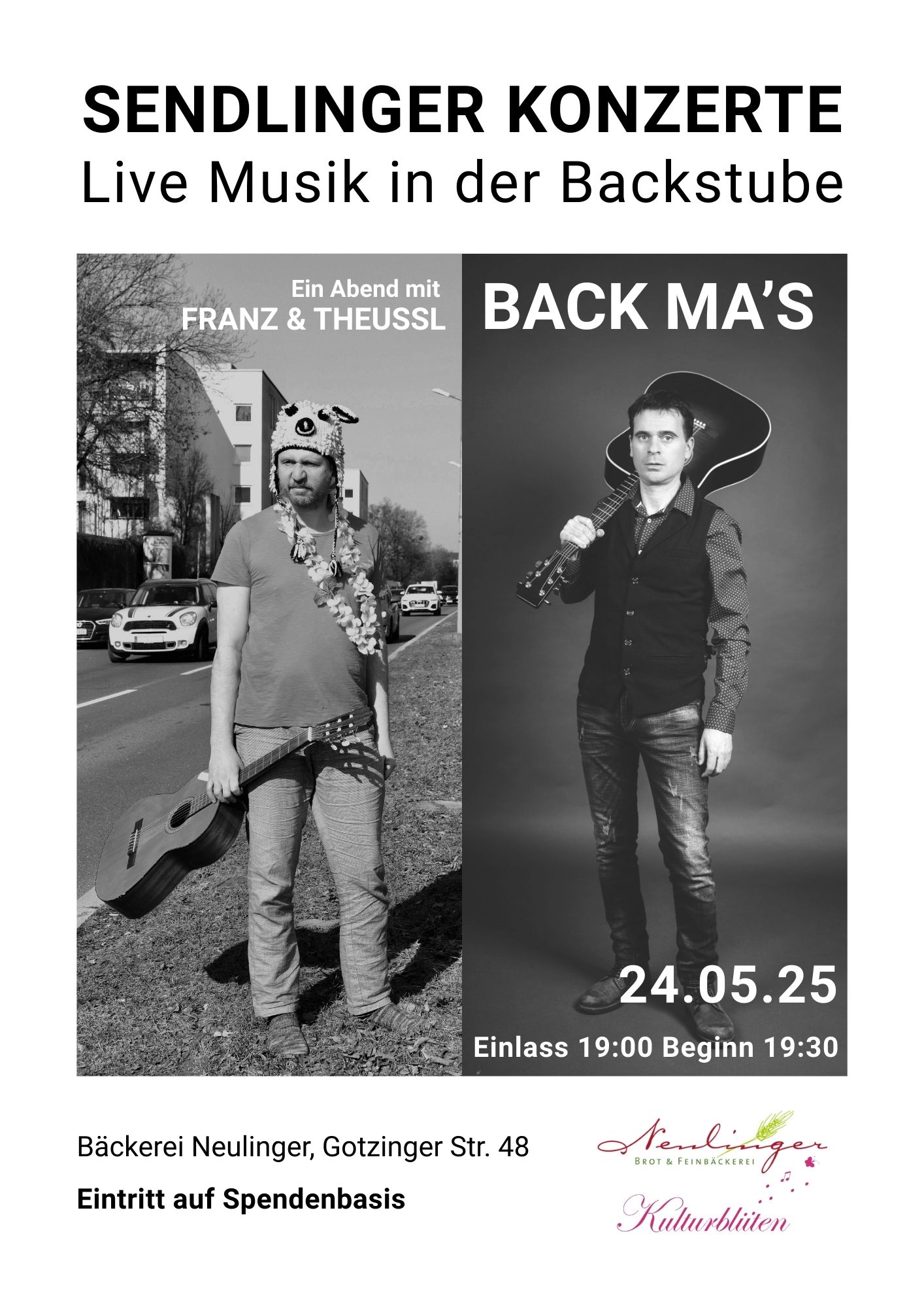 Franz_und_Theussl Plakat für das Konzert „Back ma’s“ mit Thomas Franz und Christoph Theussl am 24. Mai 2025 in der Backstube der Bäckerei Neulinger.